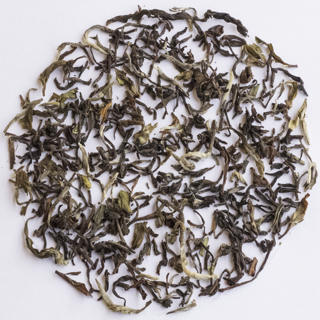 Loose-leaf tea leaves arranged in a circular pile on a plain white background.