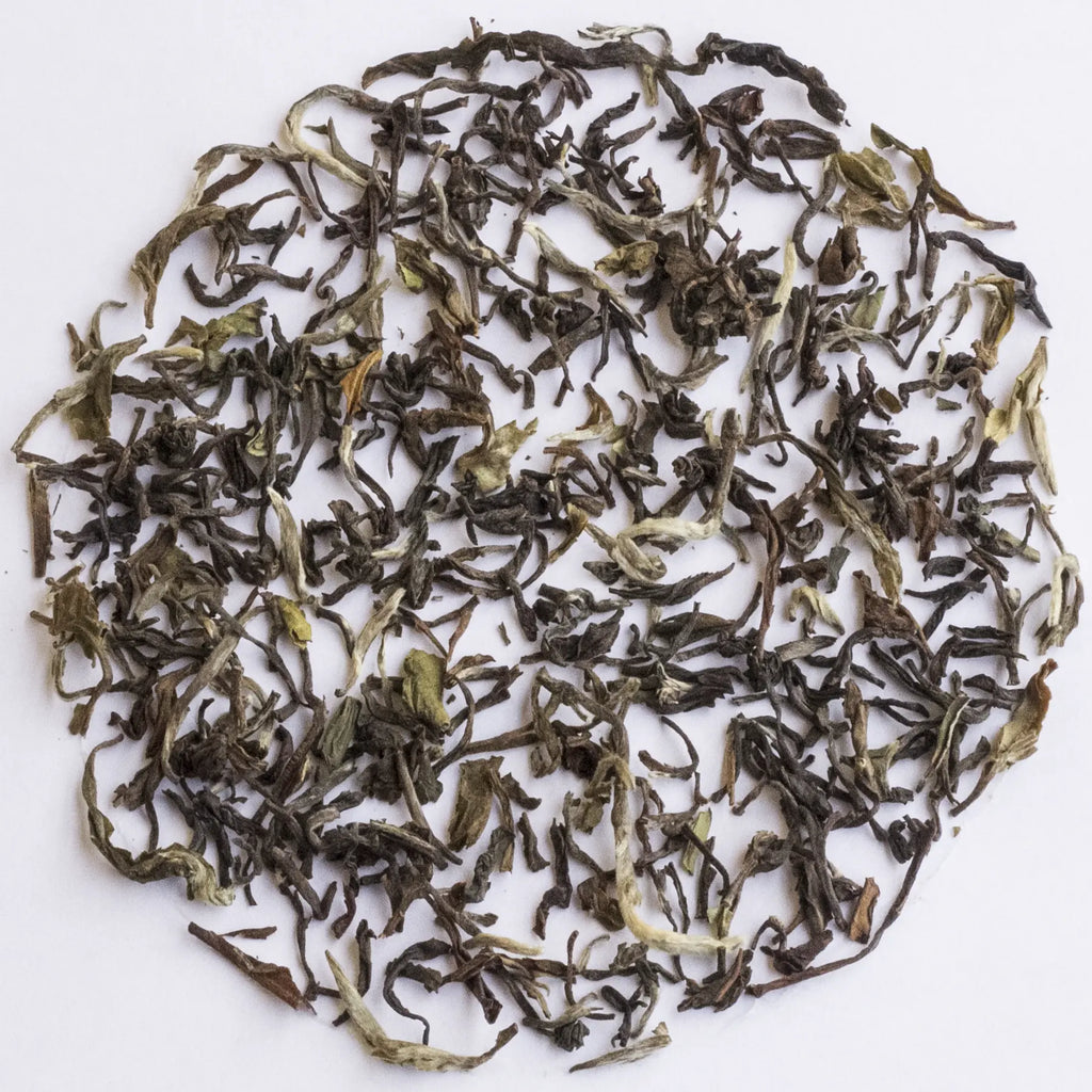 Loose-leaf tea leaves arranged in a circular pile on a plain white background.
