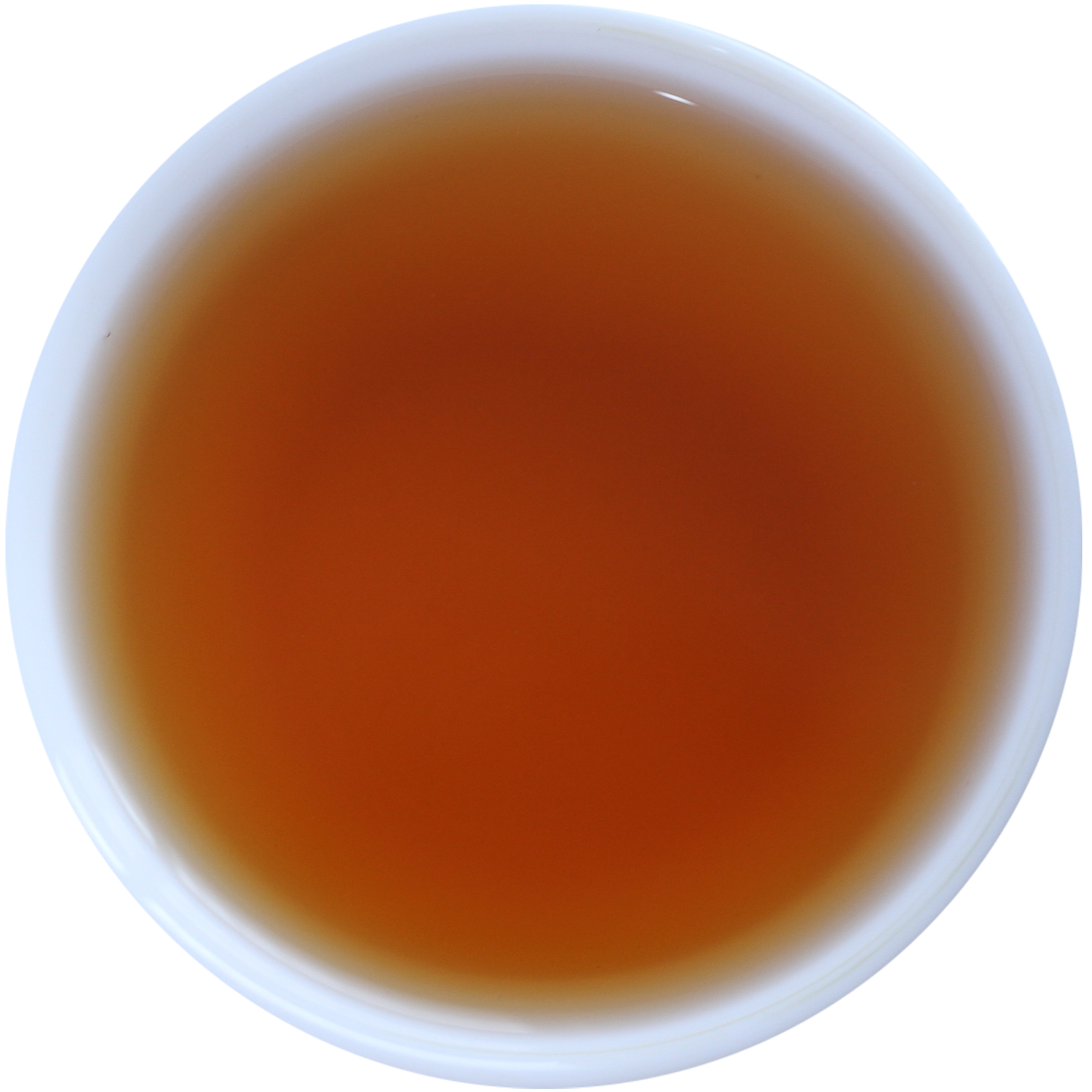 A top-down view of a white cup filled with a translucent amber-brown liquid, likely tea or wine, isolated on a white background.