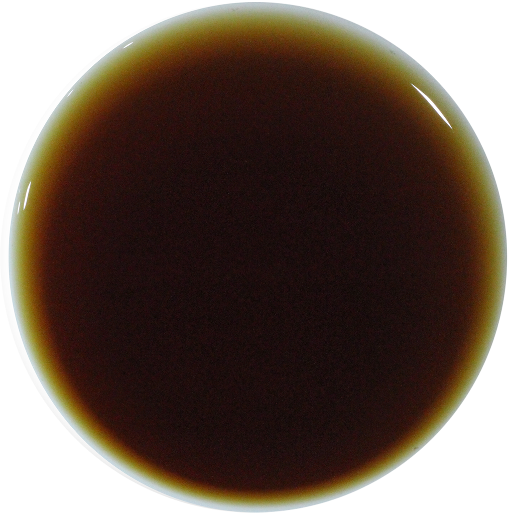 A circular close-up of a dark brown liquid, likely a sauce, syrup, or cosmetic formula, with a glossy finish on a solid white background.