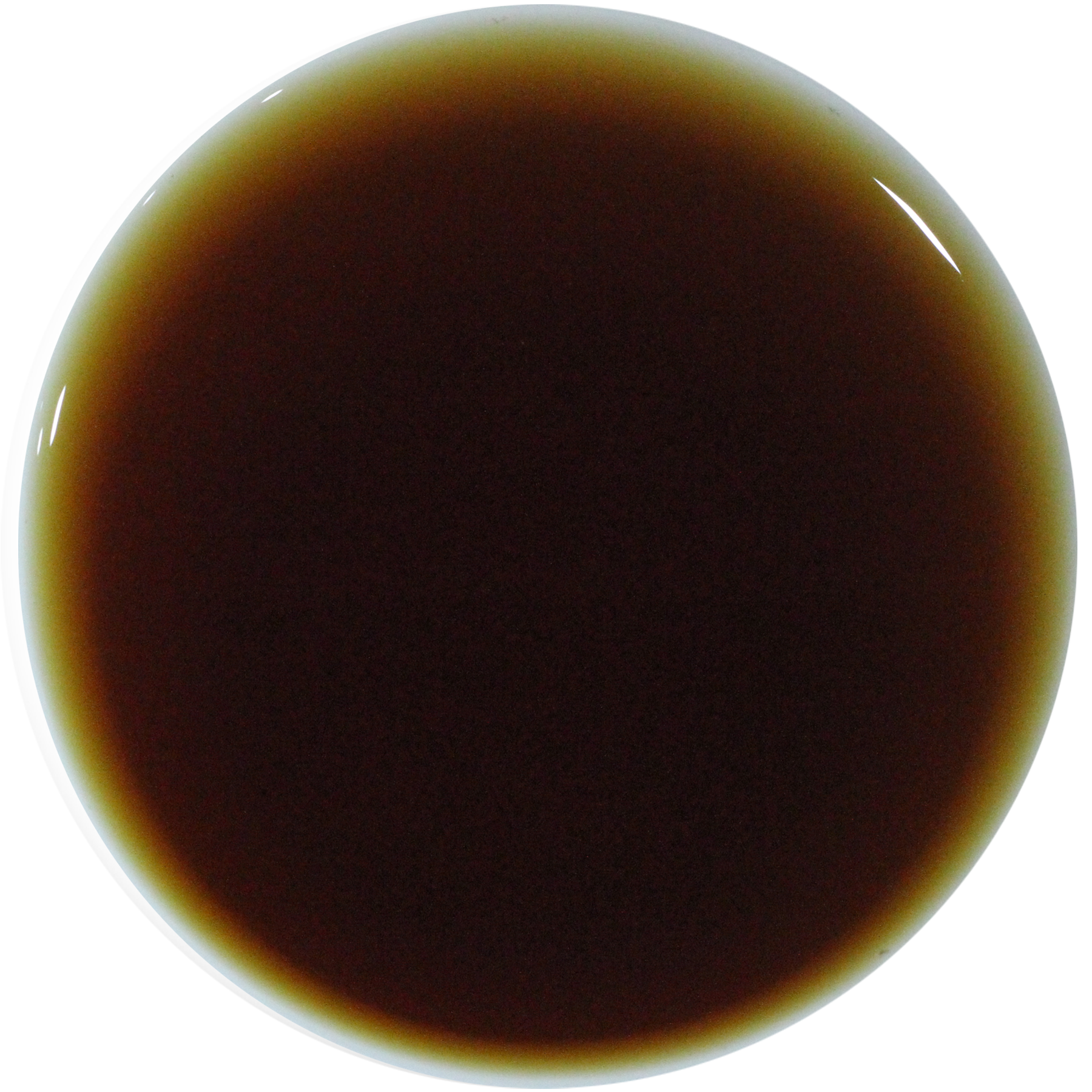 A circular close-up of a dark brown liquid, likely a sauce, syrup, or cosmetic formula, with a glossy finish on a solid white background.