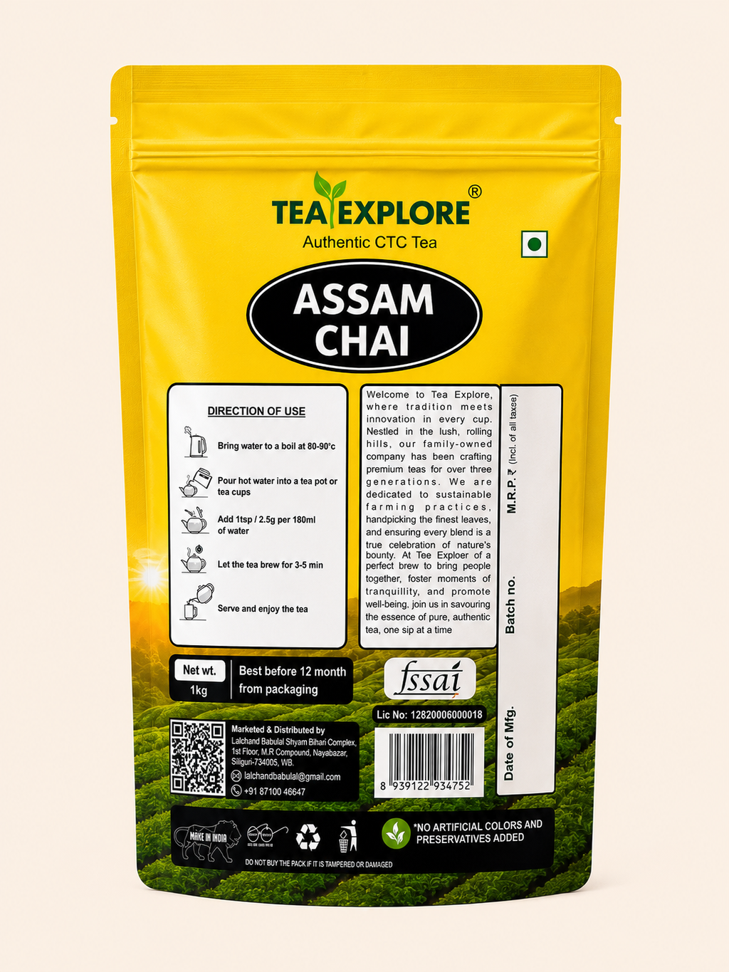 A yellow stand-up pouch of Tea Explore Assam Chai authentic CTC tea, showing the back label with usage instructions, barcode, and product details on a light beige background.