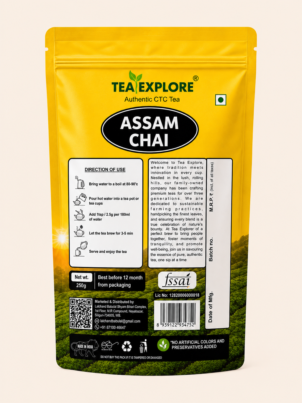 A yellow stand-up pouch of Tea Explore Assam Chai CTC tea, showing the back panel with usage instructions, brand details, and a barcode on a light beige background.