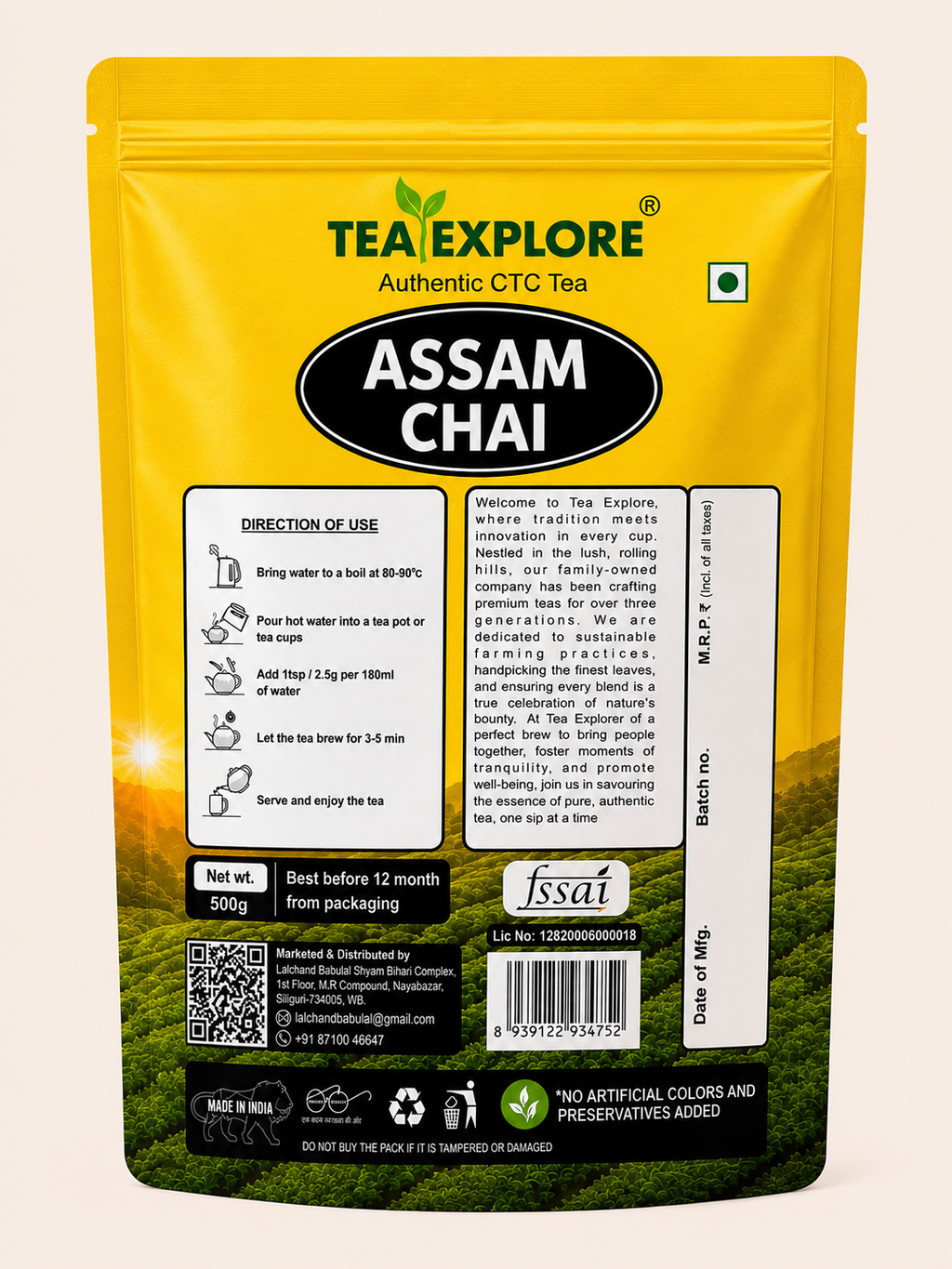 A 500g stand-up pouch of Tea Explore Assam Chai CTC tea on a light beige background. The packaging is primarily bright yellow with a large black oval containing the white text 'ASSAM CHAI'.