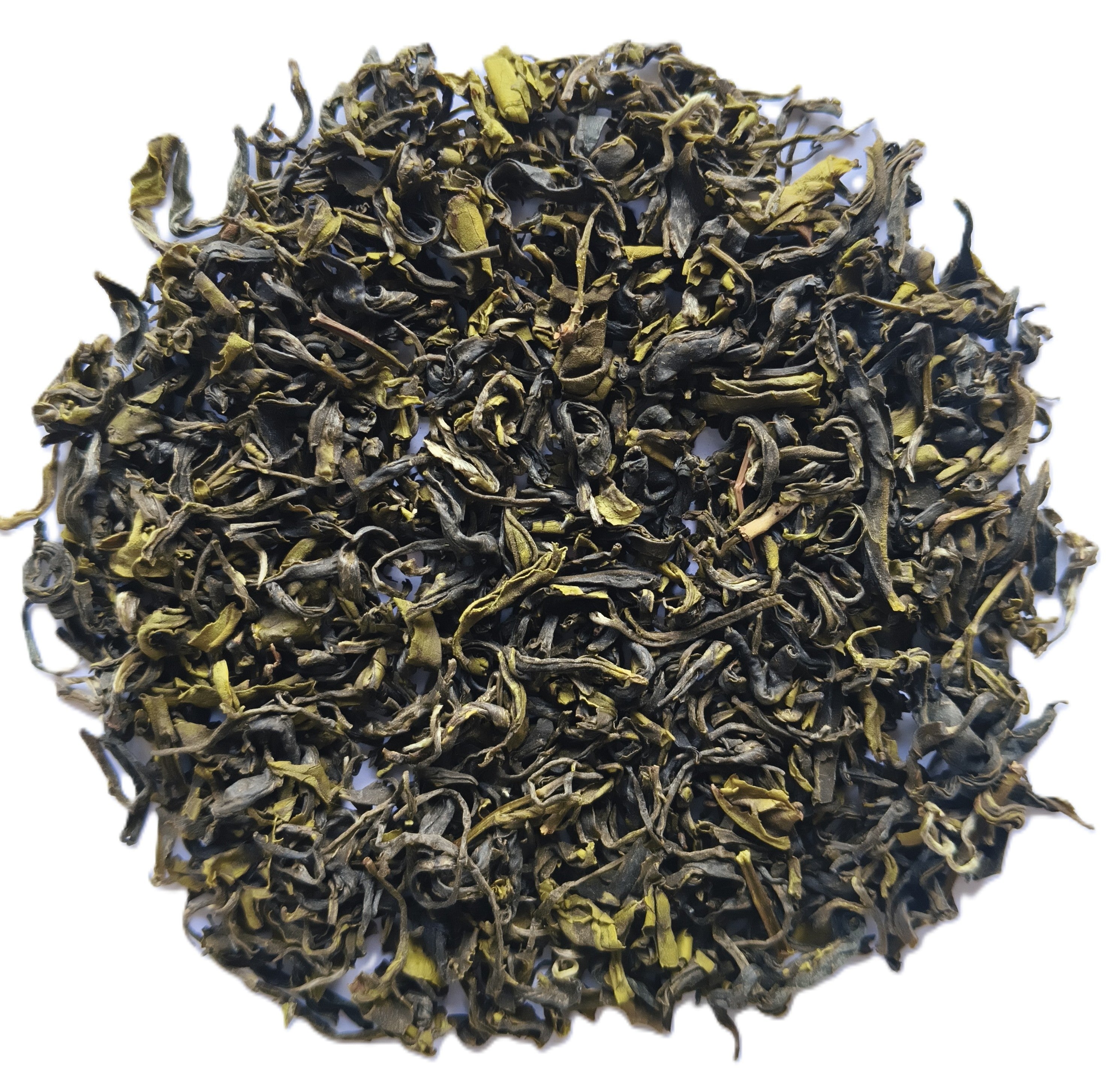 A pile of loose-leaf tea leaves, showing dark green to black rolled leaves with bright yellow-green tips, photographed on a plain white background.