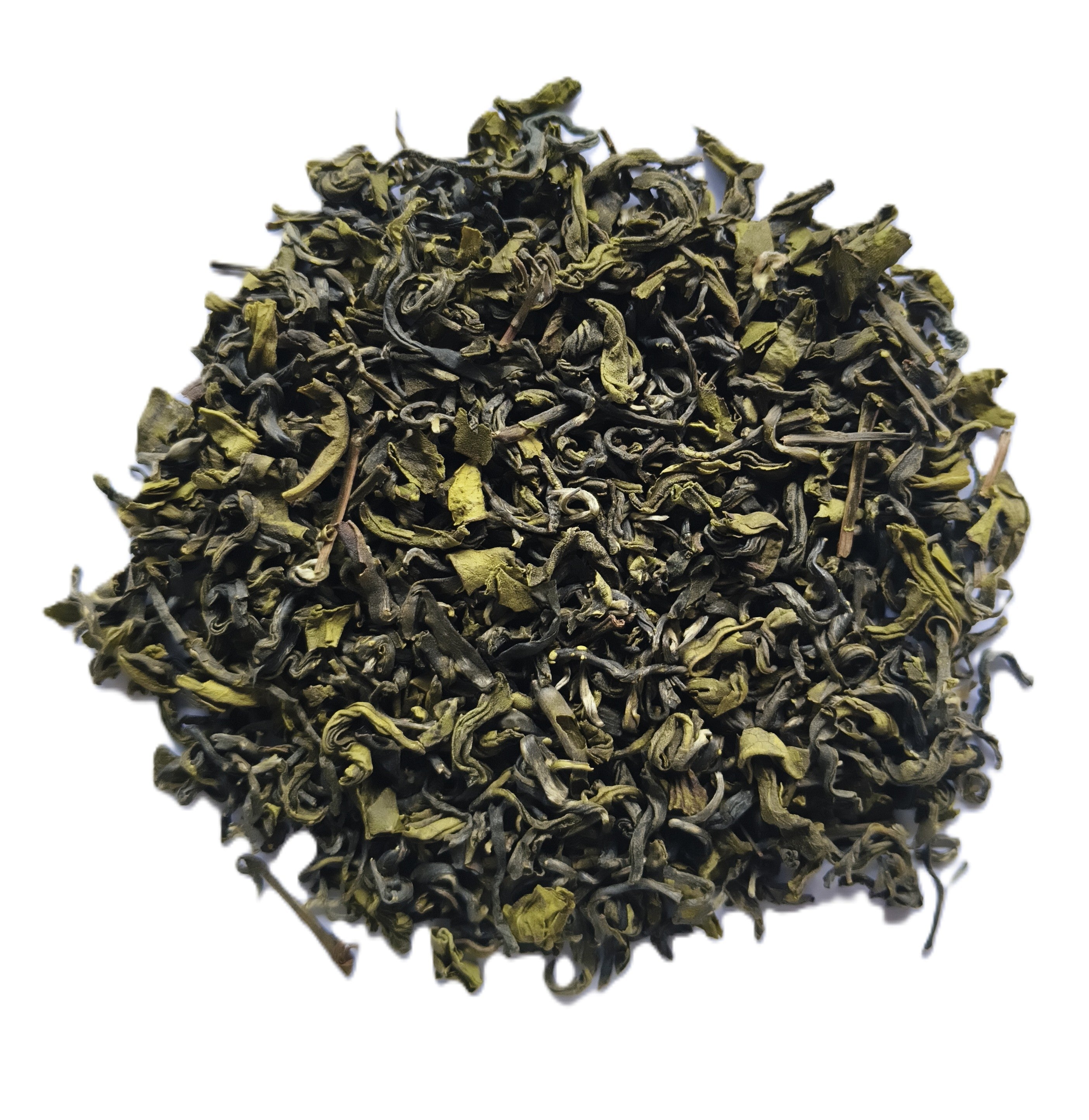 A pile of loose-leaf green tea leaves, showing their curly, dried texture, isolated on a white background.