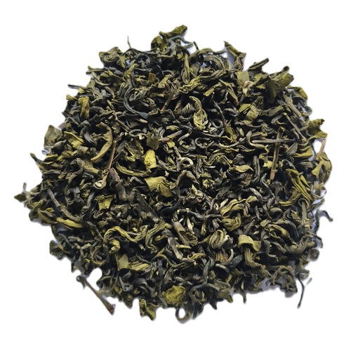 A pile of loose-leaf green tea leaves, showing their curly, dried texture, isolated on a white background.