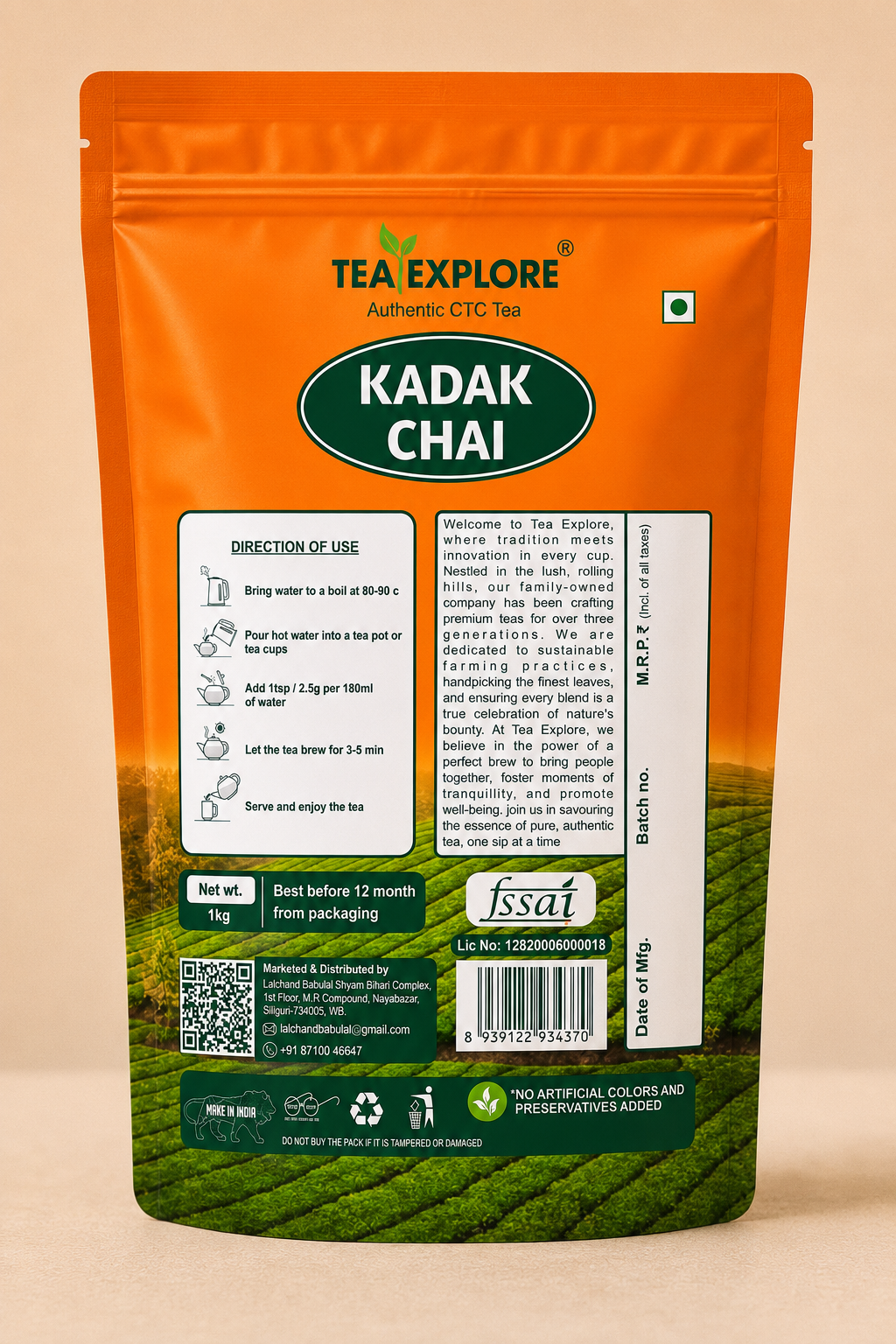 A stand-up pouch of Tea Explore Kadak Chai tea on a solid beige background. The packaging features a bright orange top half, a dark green middle section with a large white oval logo, and a green tea plantation scene at the bottom.