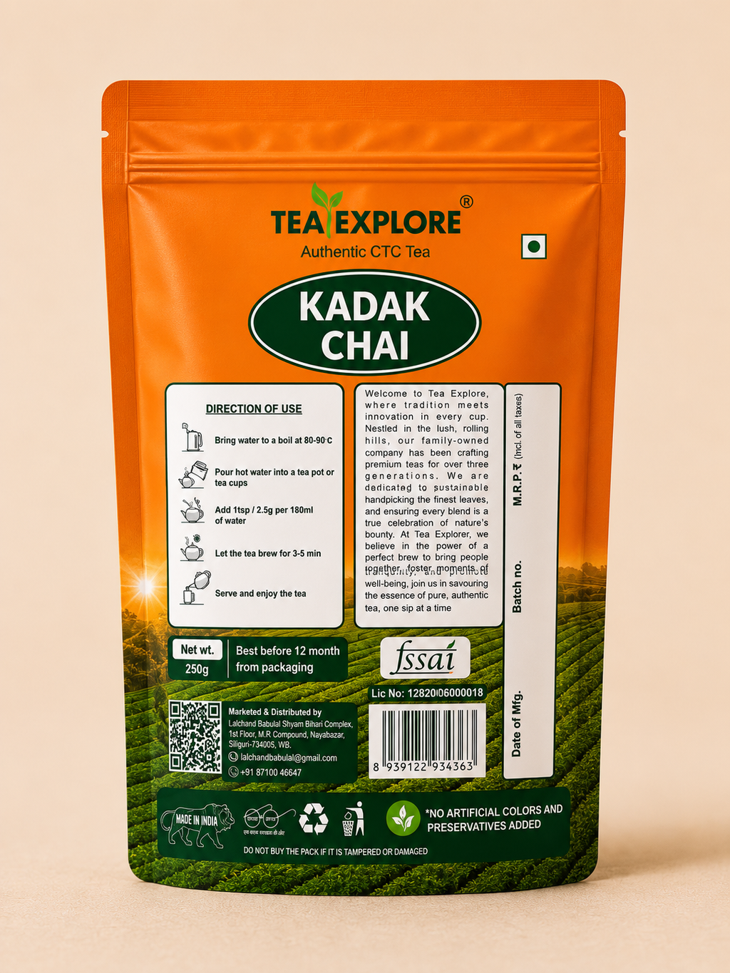A 200g stand-up pouch of Tea Explore Kadak Chai CTC tea, shown from the back side against a solid beige background. The packaging features a bright orange top half fading into a green tea plantation scene at the bottom, with white text and usage instructions.