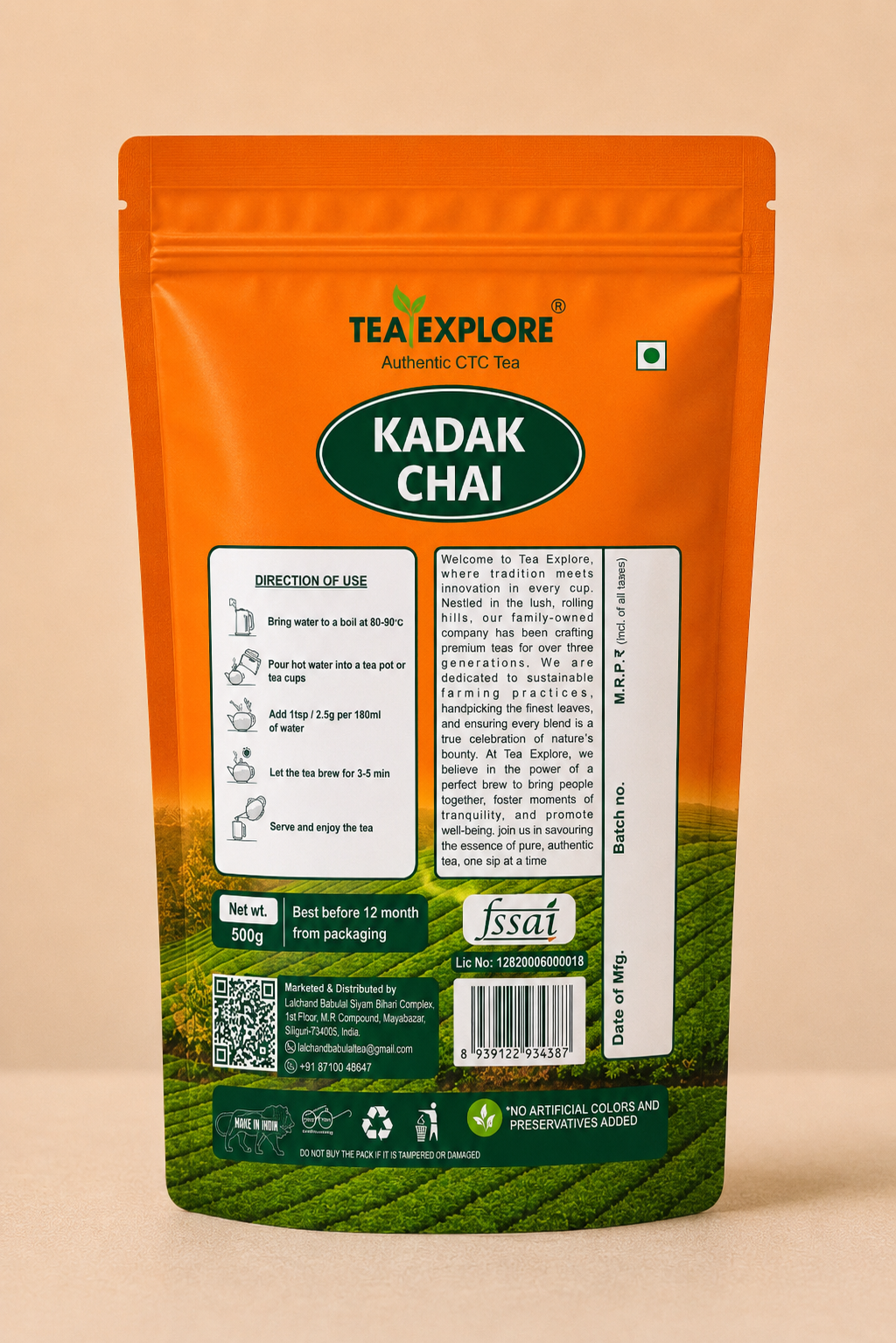 A stand-up pouch of Tea Explore Kadak Chai authentic CTC tea, shown from the back against a solid beige background. The packaging features a bright orange top half, a green valley landscape illustration at the bottom, and white text blocks detailing direction of use, ingredients, and instructions.
