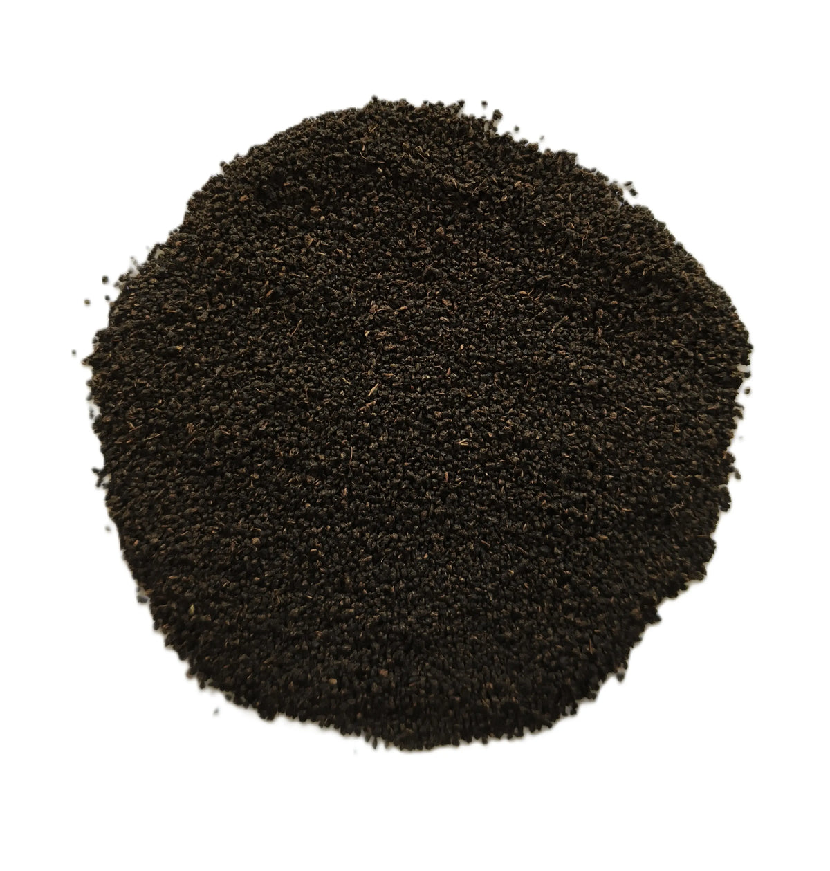 A pile of dark brown to black coarse sand or gravel, photographed from directly above on a solid white background.