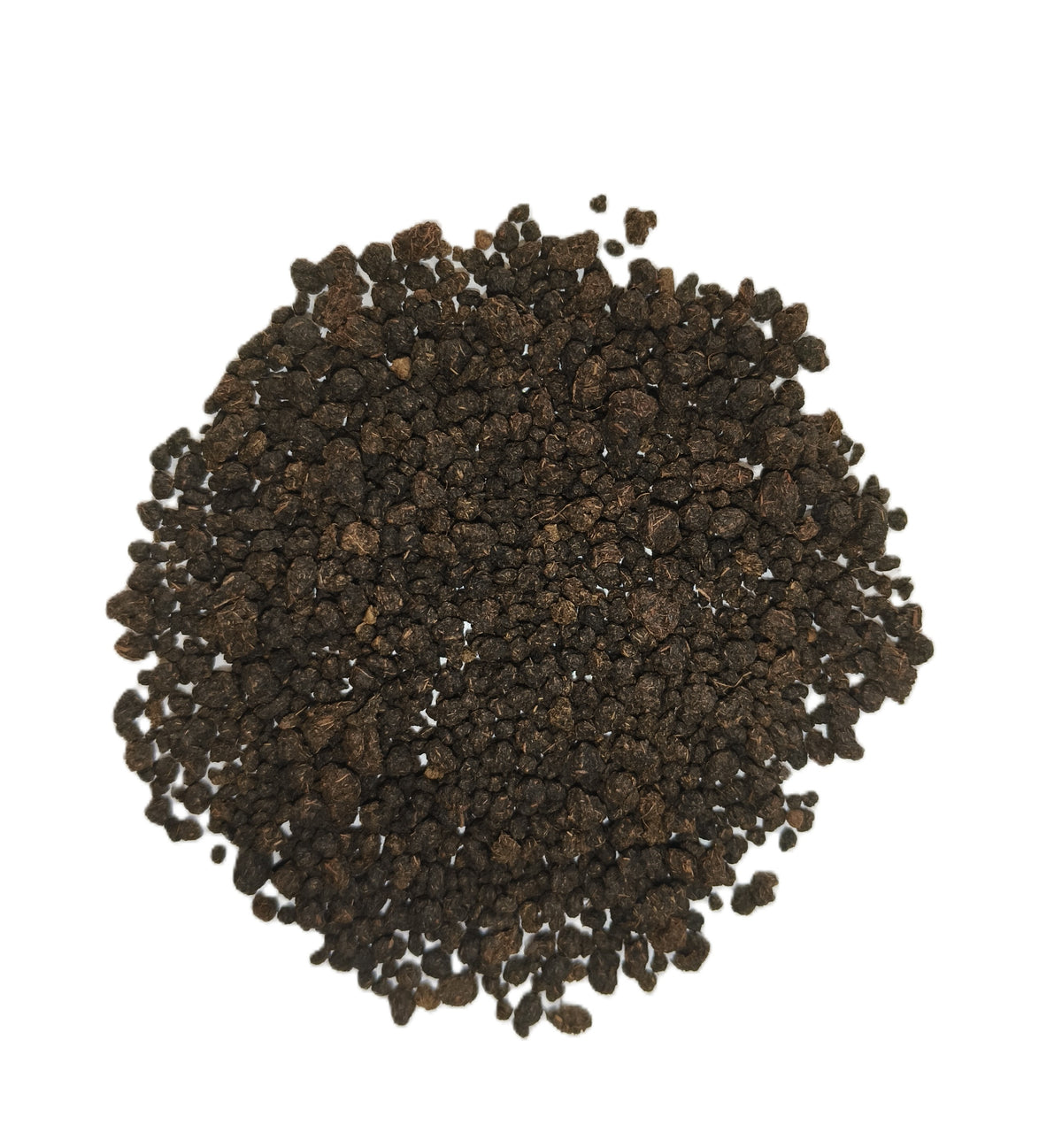 Shreevari Special BOPL coarse dark brown tea granules arranged in a circular pile on a white background