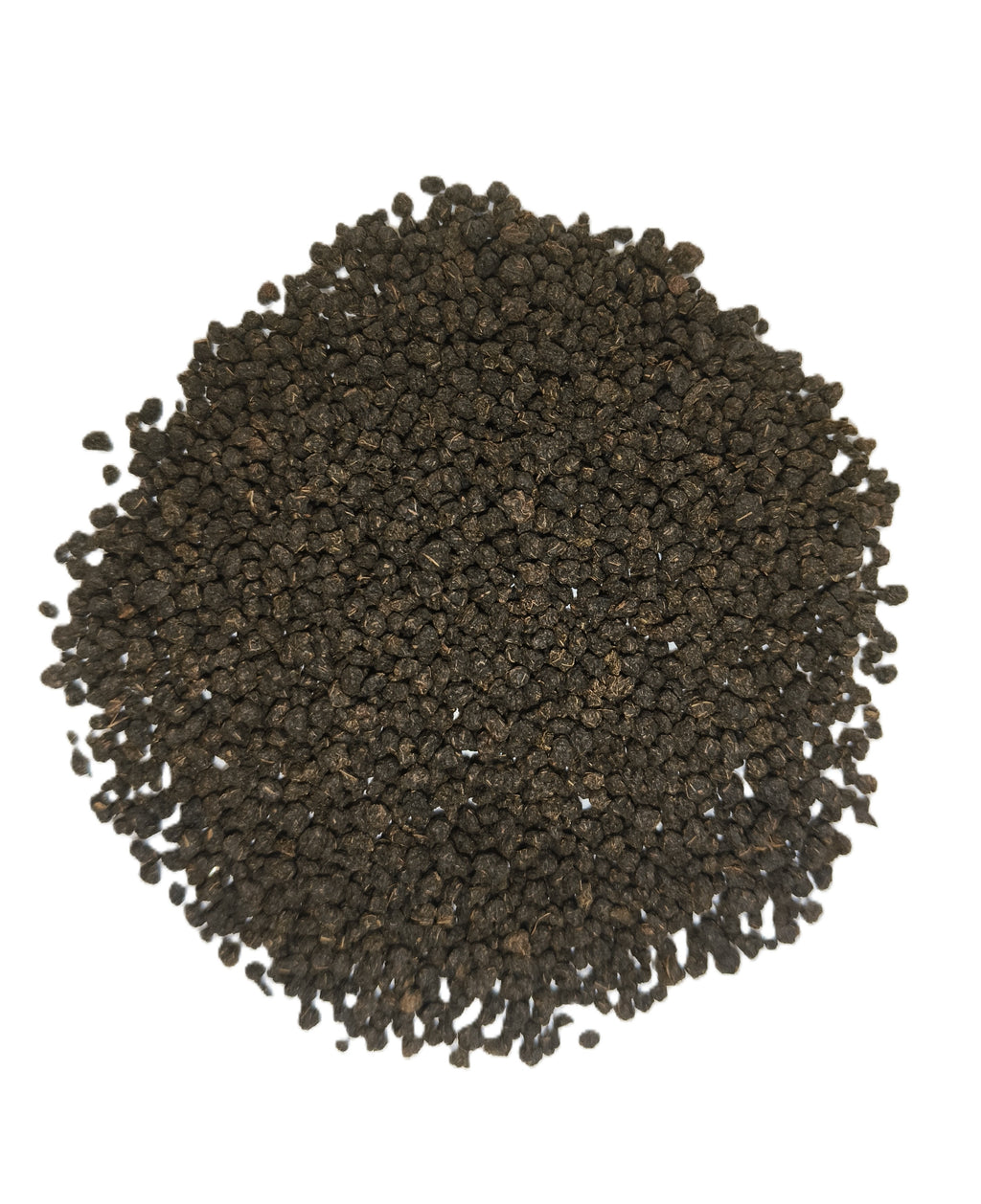 A pile of dark brown to black peppercorns arranged in a circular mound on a plain white background.