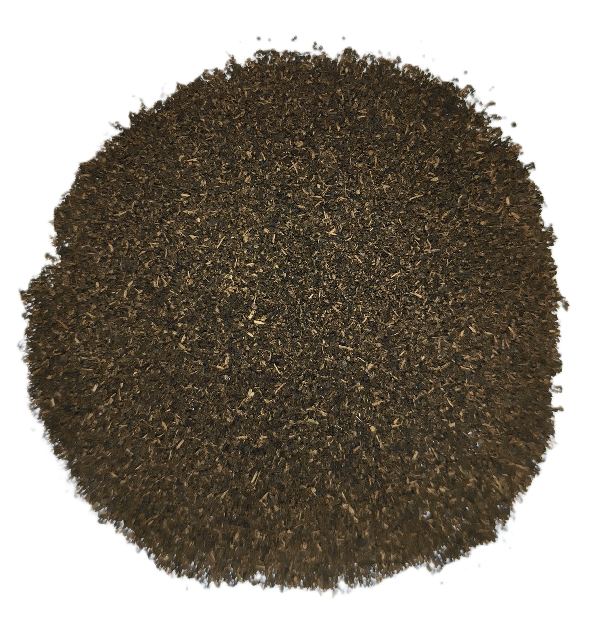 Shreevari Premium PD fine dark brown tea particles arranged in a circular pile on a white background