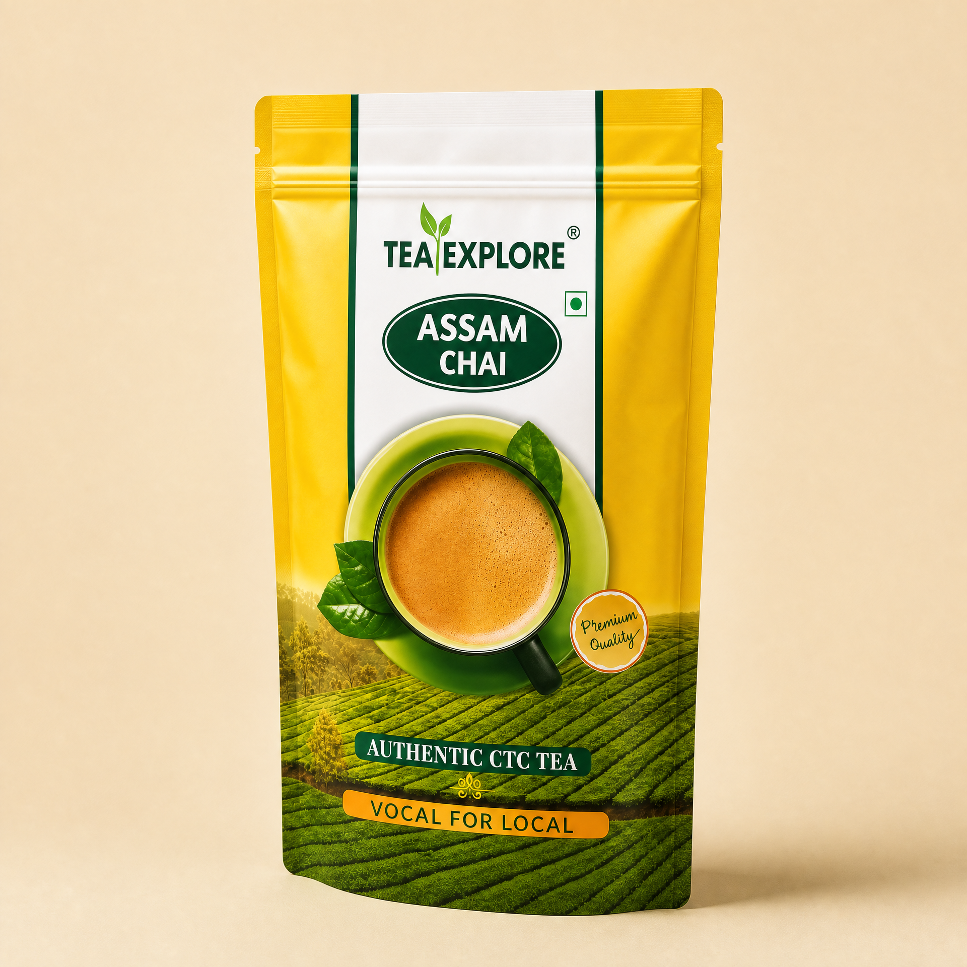 A stand-up pouch of Tea Explore Assam Chai CTC tea, featuring a bright yellow upper section, a white central label, and a green lower section depicting a tea plantation and a cup of tea. The packaging is set against a solid beige background.