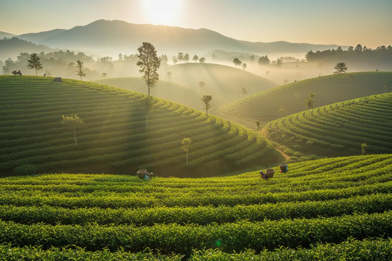 Rolling green tea plantation hills under a warm rising sun with mist and distant mountains, small workers visible among the rows.