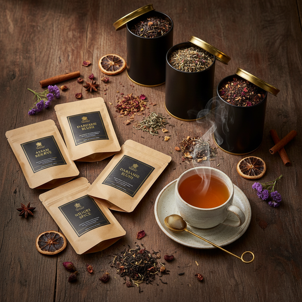 Premium tea sampler flat lay featuring kraft paper pouches of Assam Reserve, Darjeeling Blush, and Nilgiri Spice alongside open black tins with gold lids filled with loose leaf teas, a steaming cup of tea, gold infuser, cinnamon sticks, dried orange slices, star anise, and lavender flowers on a dark wooden table