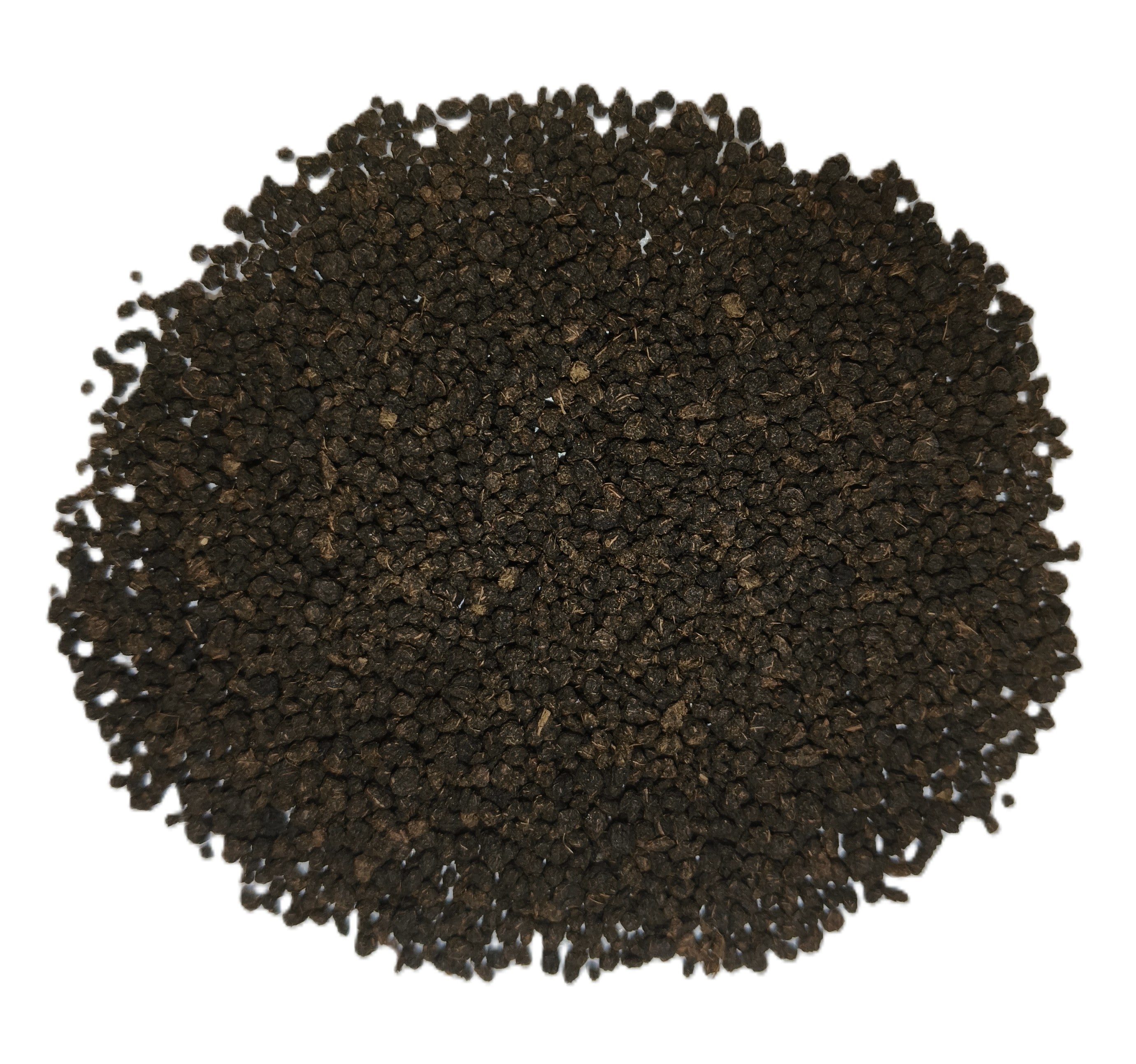 A pile of dark brown to black textured granules, likely coffee beans or tea leaves, photographed from directly above on a solid white background.