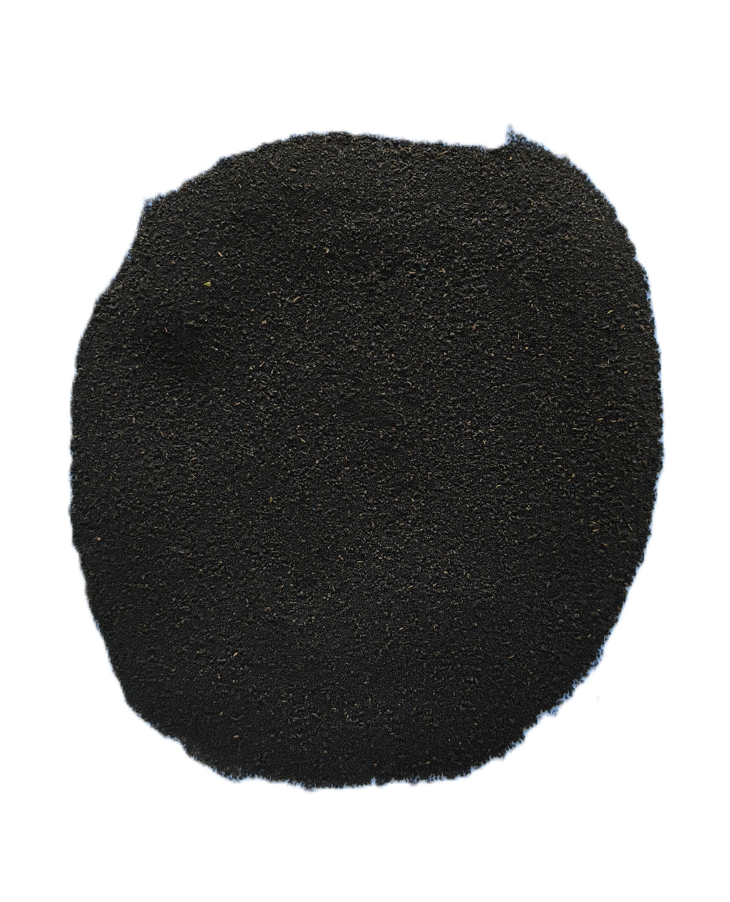A pile of fine black powder, likely activated charcoal, carbon black, or pigment, photographed on a solid white background.